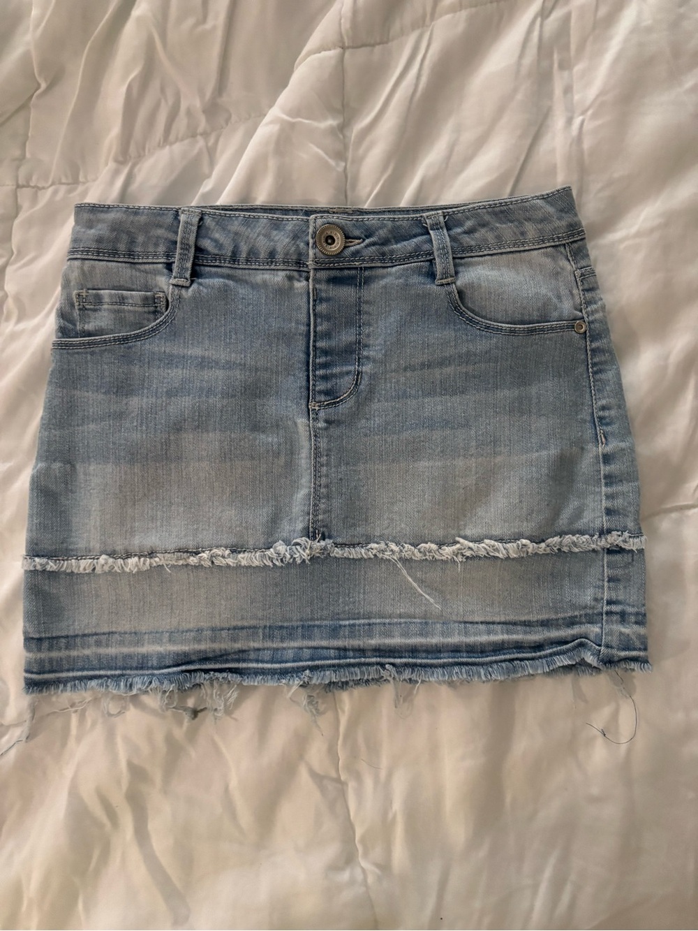 Girl’s Light Blue Denim Mini Skirt - Casual Frayed Hem